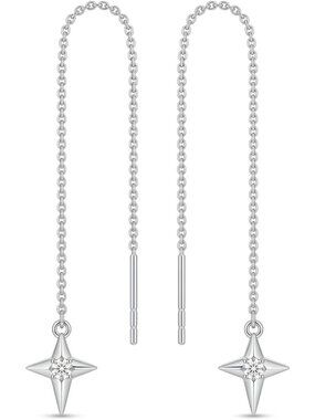 Sterling Silver Moon & Star Diamond Threader Earrings - Dangle Drop Jewelry for